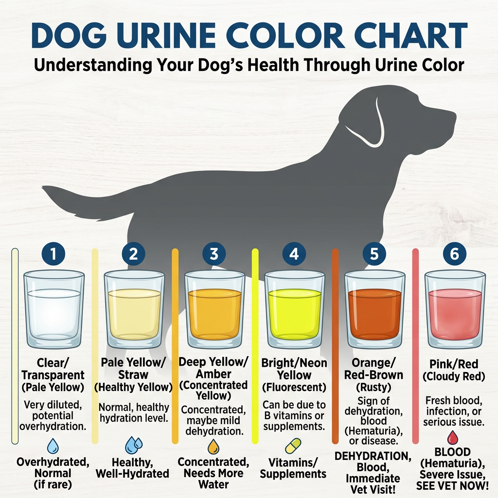 Chart depicting six dog urine colors with health explanations from clear to red.